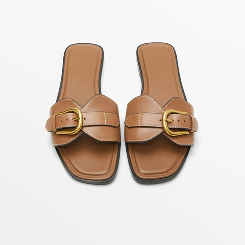 Outdoor soft sole retro horsebit buckle half slippers
