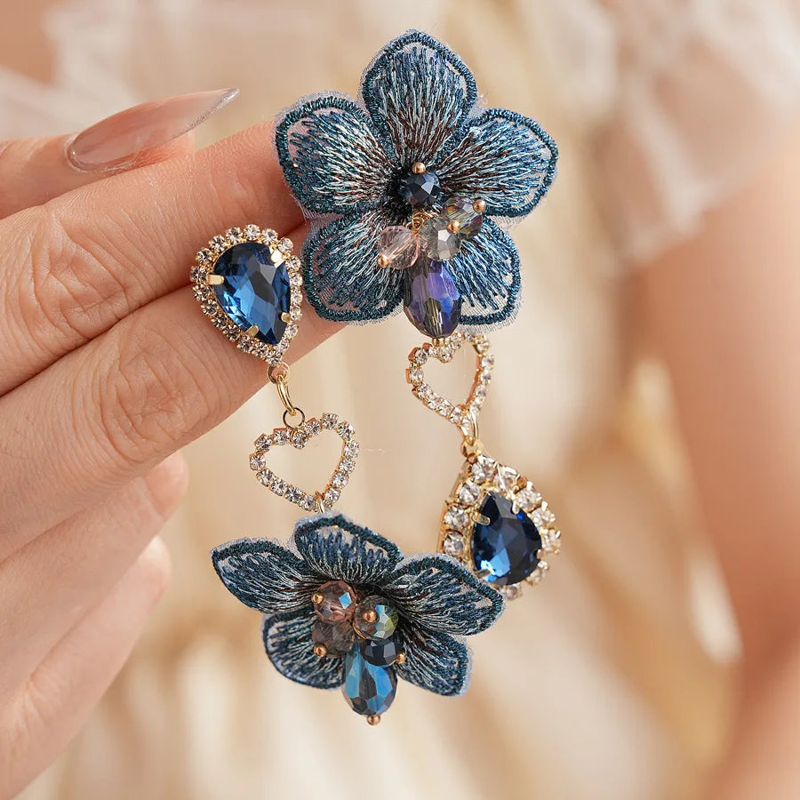 Asymetric blue waterdrop fabric flower earrings-SJP Design