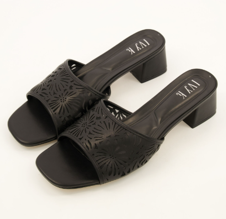 Ivy K Black Laser Cut Heeled Mules
