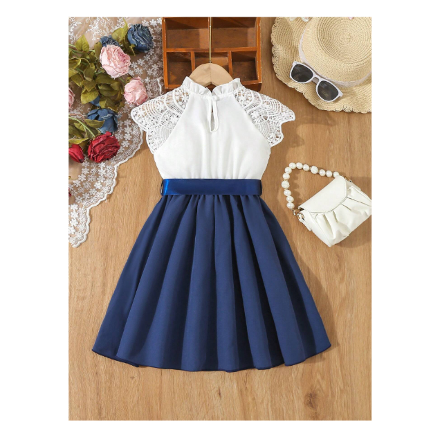 Shein Young Girl Elegant Lace Yoke Flare Hem Belt Dress , Suitable For Summer
