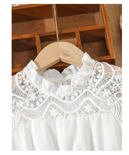 Shein Young Girl Elegant Lace Yoke Flare Hem Belt Dress , Suitable For Summer
