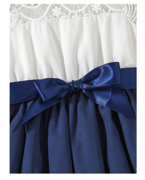 Shein Young Girl Elegant Lace Yoke Flare Hem Belt Dress , Suitable For Summer