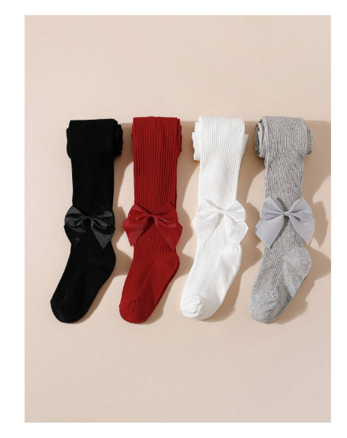 Shein 4pcs Girls Bowknot Striped & Solid Color Tights, For Everyday Wear