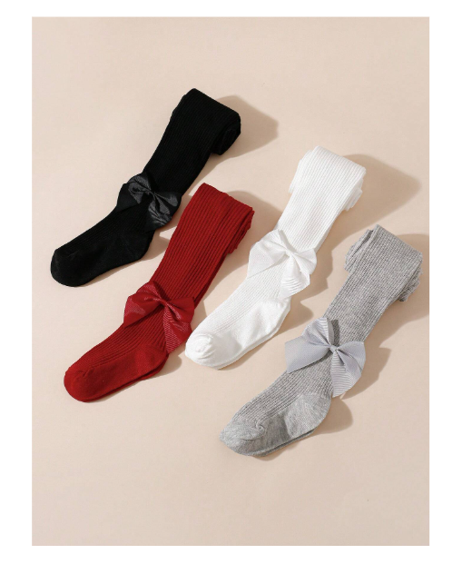 Shein 4pcs Girls Bowknot Striped & Solid Color Tights, For Everyday Wear