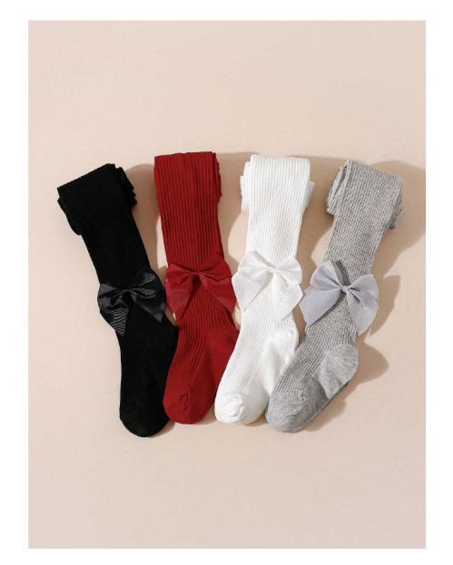 Shein 4pcs Girls Bowknot Striped & Solid Color Tights, For Everyday Wear