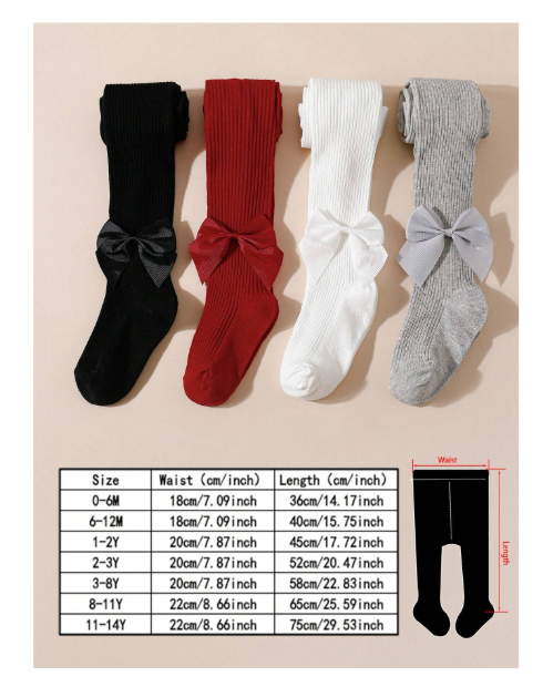 Shein 4pcs Girls Bowknot Striped & Solid Color Tights, For Everyday Wear