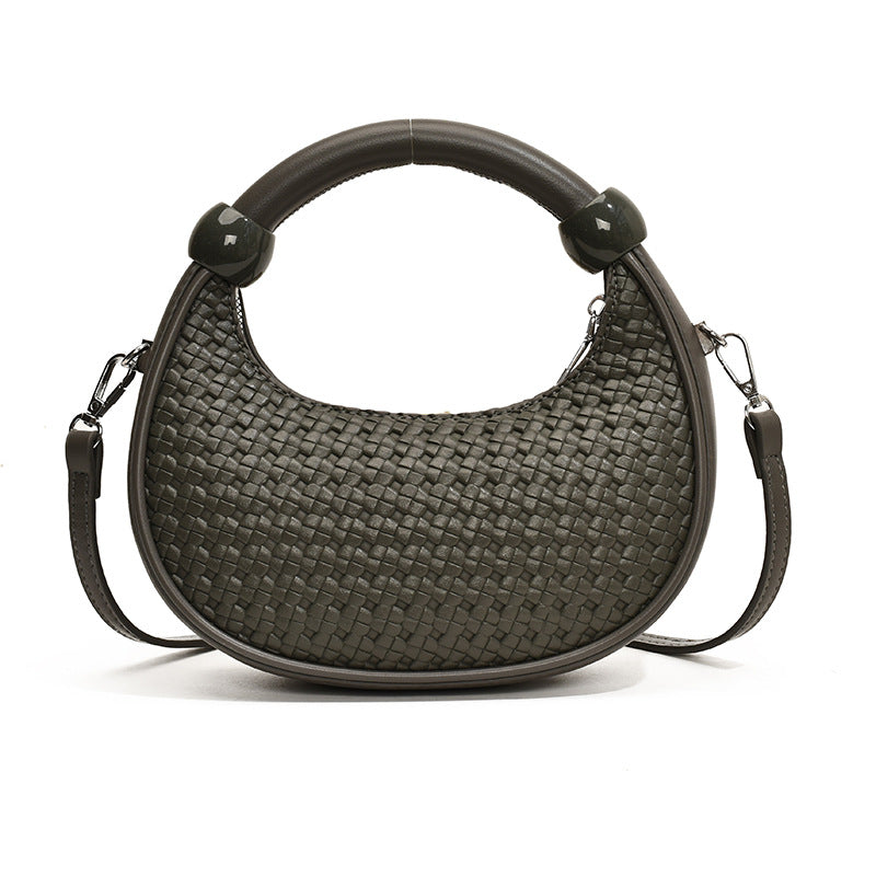 Textured woven trendy retro shoulder bag-dark green/ Grey