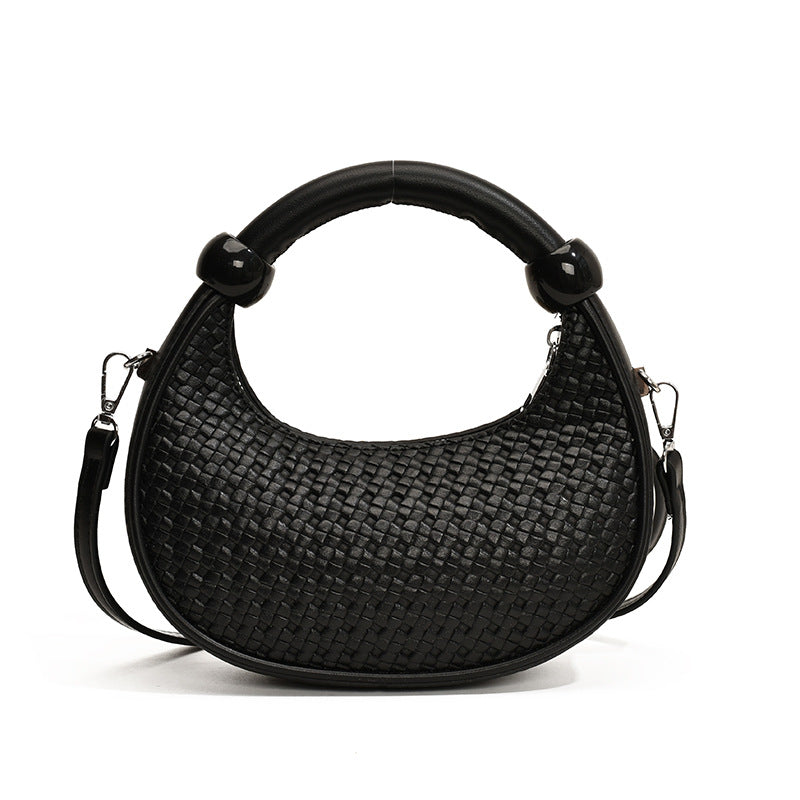 Textured woven trendy retro shoulder bag-black