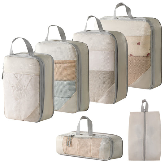 Travel storage bag five piece+shoe bag (Six piece set beige)