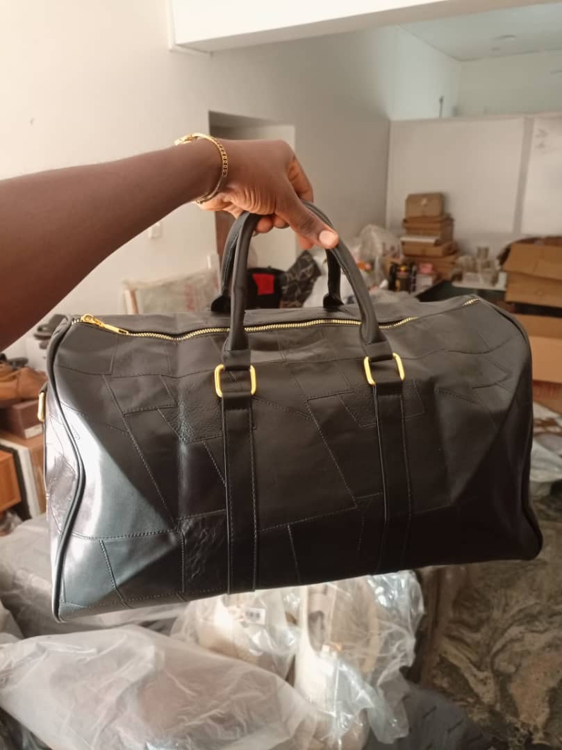 F&S Black Leather Duffle Bag with gold buckle design