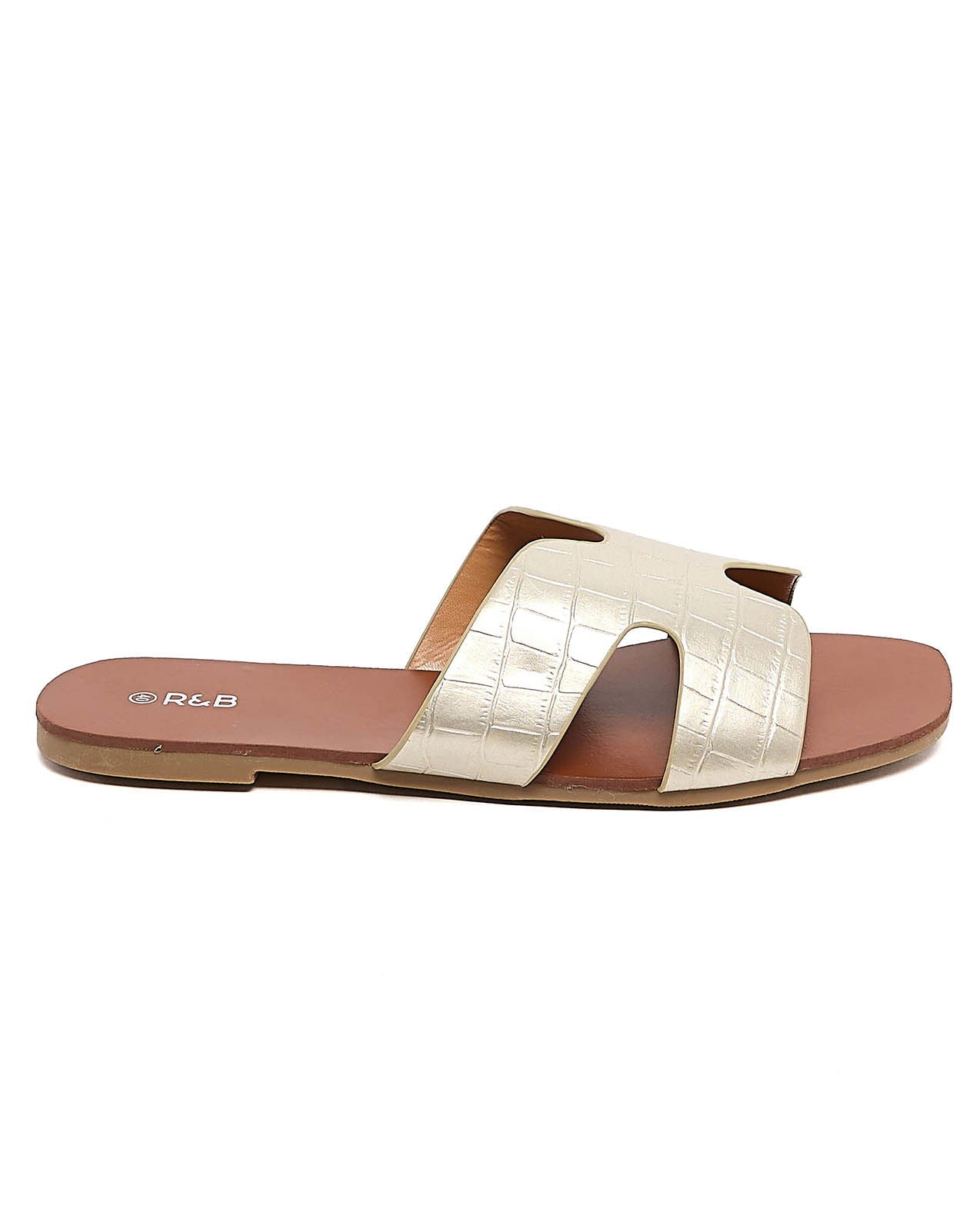 R&B Croc Textured Flat Sandals - Gold