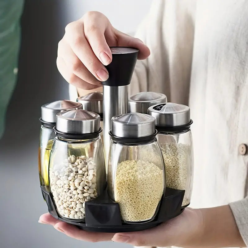 1pc Rotating Spice Jar Set Rack Glass Organizer - 6pcs