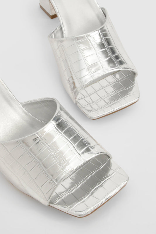 Boohoo Croc Metallic Low Block Heeled Mule Shoe