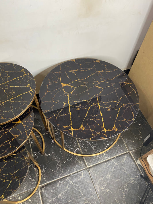 Pukka Coffee Unbreakable Glass Black Marble Pattern Nesting Center Table Set - Gold Black Marble Pattern