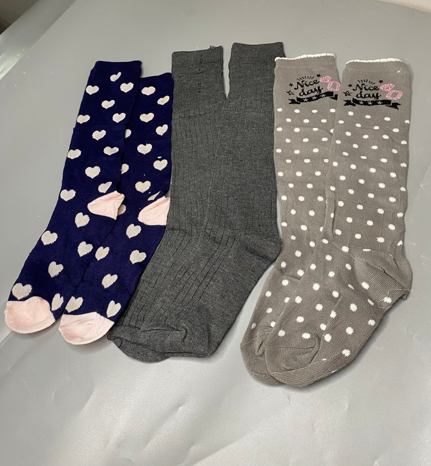 T&C 3pairs Women's Velvet Stockings Suitable For Daily Wear(Ash Polka dot , Navy blue Heart, Gray Plain Design)