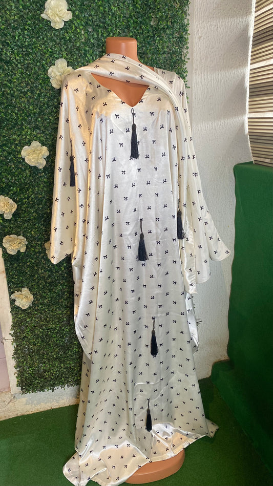 K&Y black & white bow tie ready to wear bubu gown with scarf free size