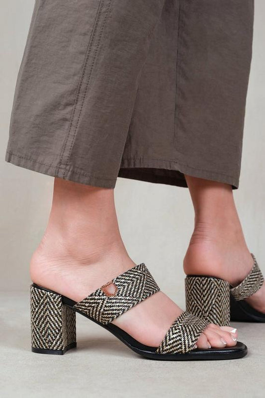 Where's That From 'Slayed' Statement Platform Strappy Block High Heels- Black Raffia