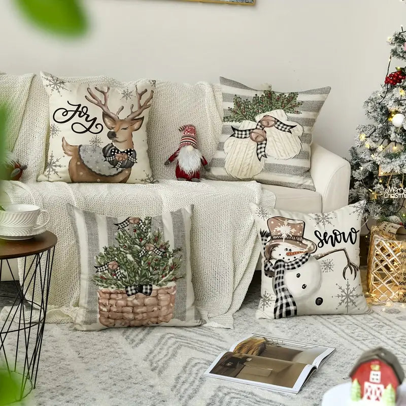 4pcsChristmas Polyester Throw Pillow Case, Reindeer Eucalyptus Square Cushion Case