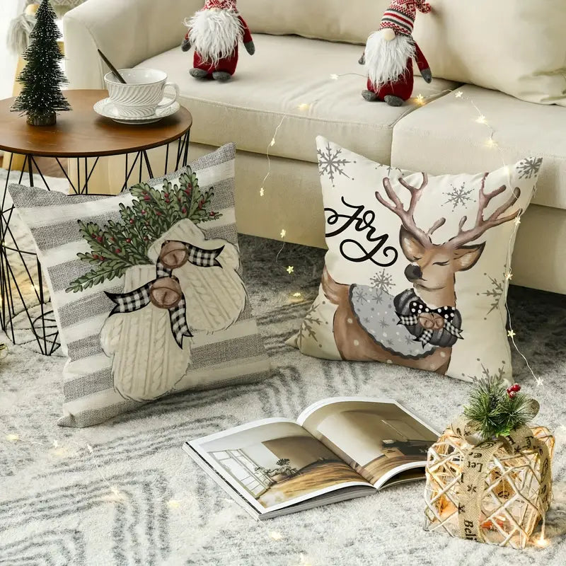 4pcsChristmas Polyester Throw Pillow Case, Reindeer Eucalyptus Square Cushion Case