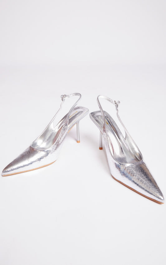 Prettylittlething Silver PU Point Toe Snake Sling Back Mid Heeled Courts