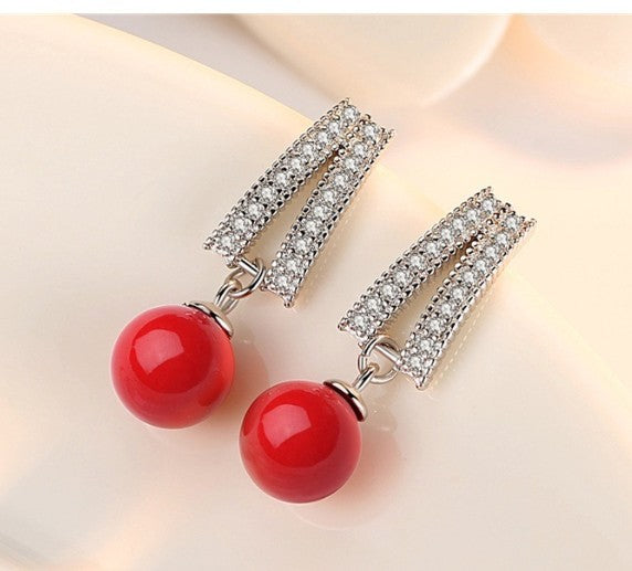 Zircon Simple Elegant Small Pearl Earring Red SJP