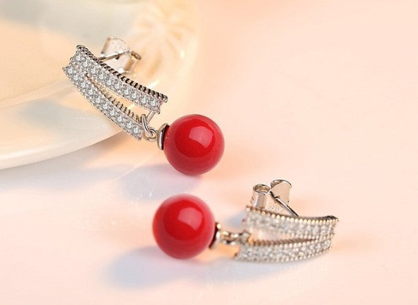 Zircon Simple Elegant Small Pearl Earring Red SJP