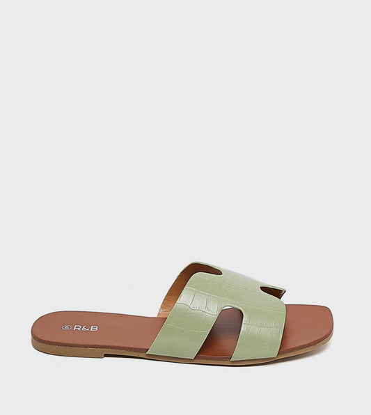 R&B Croc Textured Flat Sandals - Green