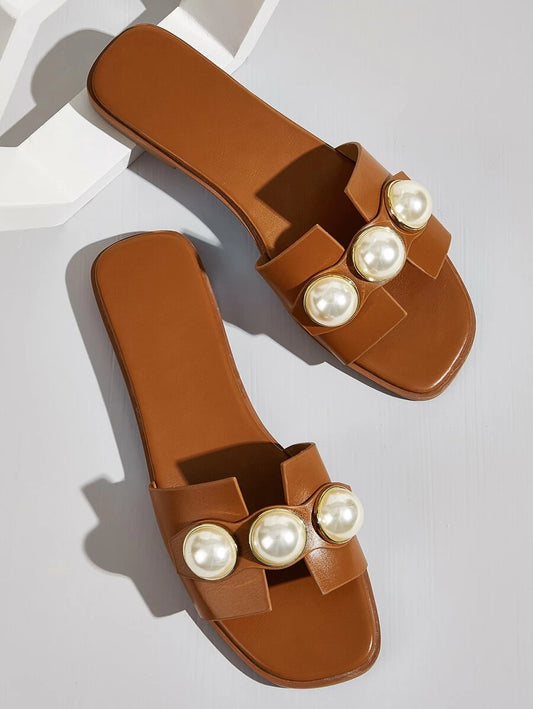 SHEIN Fashion Brown Slide Sandals For Women, Faux Pearl Decor Cut Out Design Sandals