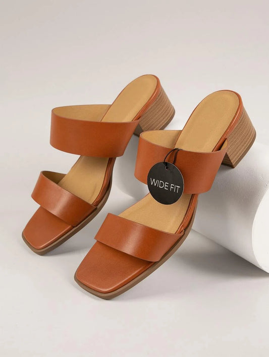 SHEIN Vegan Leather Wide-Fit Square Toe Block Heels - Rust Brown