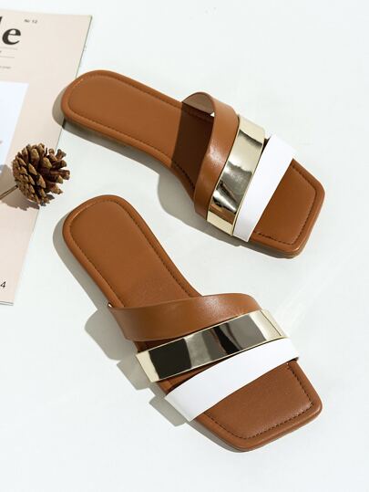 SHEIN Women Metallic Triple Tone Strap Slide Sandals, Fashionable Colorblock Minimalist Outdoor Flat Sandals