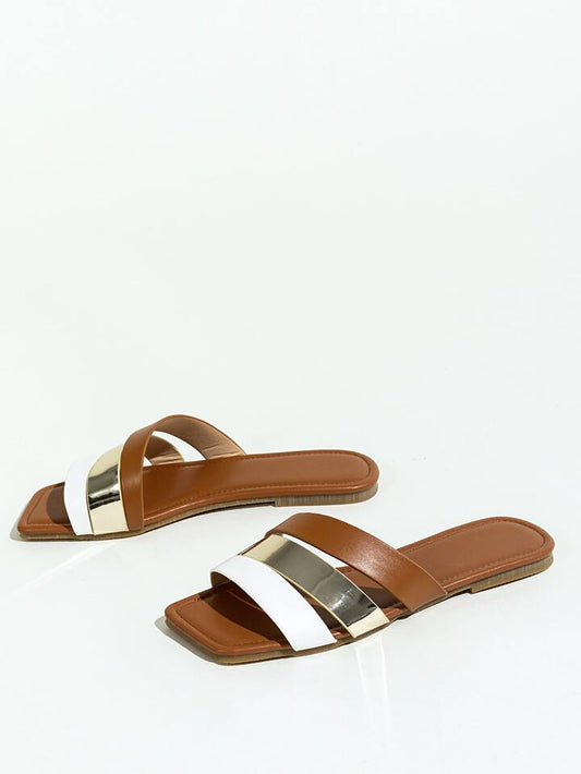 SHEIN Women Metallic Triple Tone Strap Slide Sandals, Fashionable Colorblock Minimalist Outdoor Flat Sandals