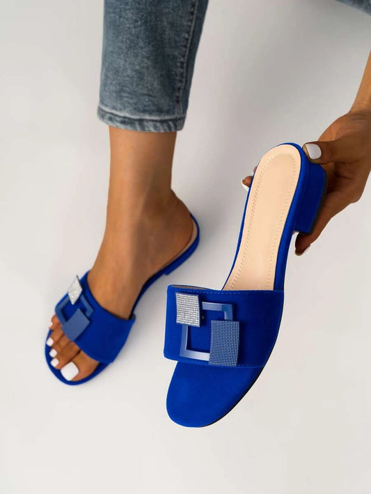 SHEIN Elegant Outdoors Flat Slippers For Women, Geometric Pattern Rhinestone Decor Faux Suede Open Toe Slide Sandals