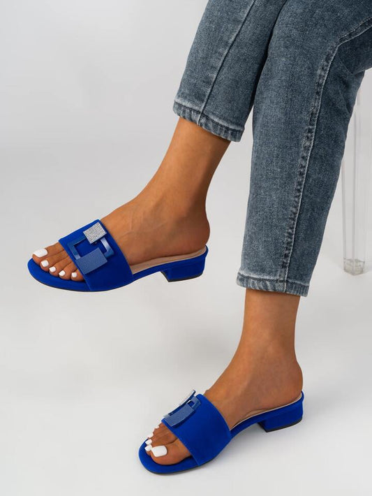 SHEIN Elegant Outdoors Flat Slippers For Women, Geometric Pattern Rhinestone Decor Faux Suede Open Toe Slide Sandals