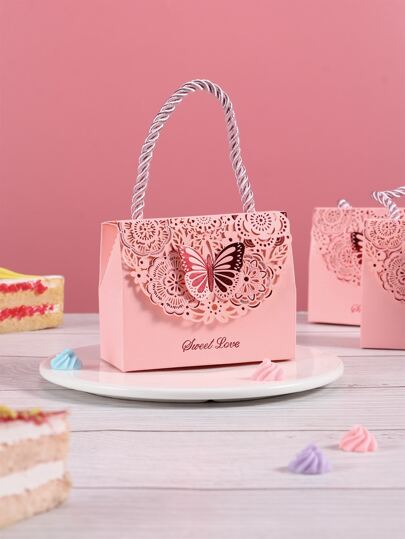 Shein 4pcs Hollow Butterfly Decor Gift Bag, Pink Paper Portable Gift Packaging Box For Party