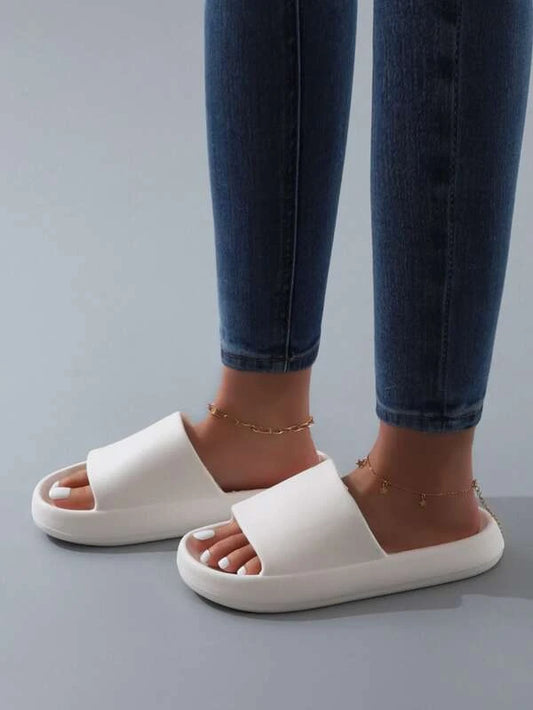 SHEIN Fashion White Slippers For Women, Minimalist Single Band Slides: White
