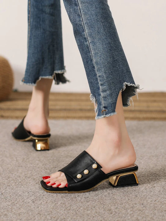 SHEIN Women Faux Pearl Decor Mule Sandals, Chunky Heeled Elegant Sandals Black