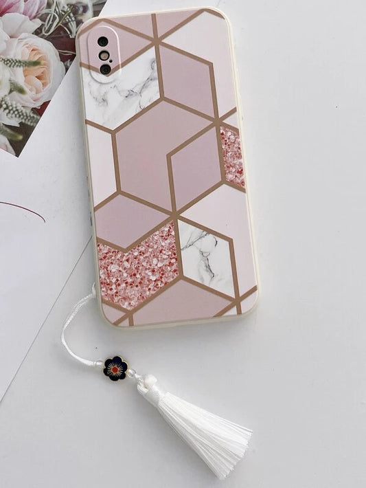 Geometric Pattern Phone Case With Tassel Decor - Multicolour