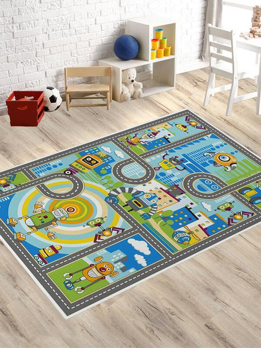 SHEIN 1pc Robot & City Pattern Kids Game Rug, Cartoon Cute Polyester Floor Carpet For Home
