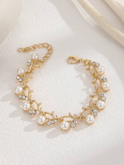 1pc Luxury Zinc Alloy Faux Pearl & Rhinestone Decor Leaf Detail Chain Bracelet For Women For Daily Life