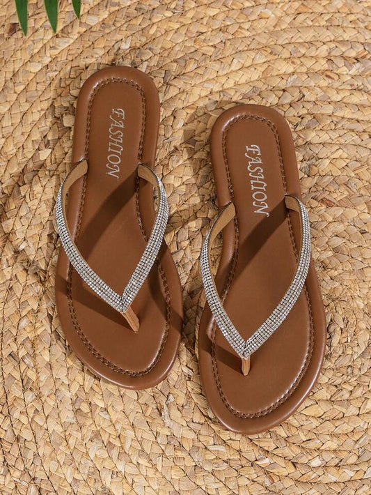 SHEIN Women Comfortable Rhinestone Decor Toe Post Flat Sandals, Glamorous Summer Faux Suede Thong Sandals