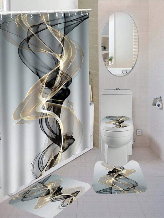 Waterproof Bathroom Shower Curtain Set with 12 Hooks Toilet Seat Bath Mats and Rugs Non-slip Carpet Toilet Covers Polyester Fabric Washable Curtain for Windows