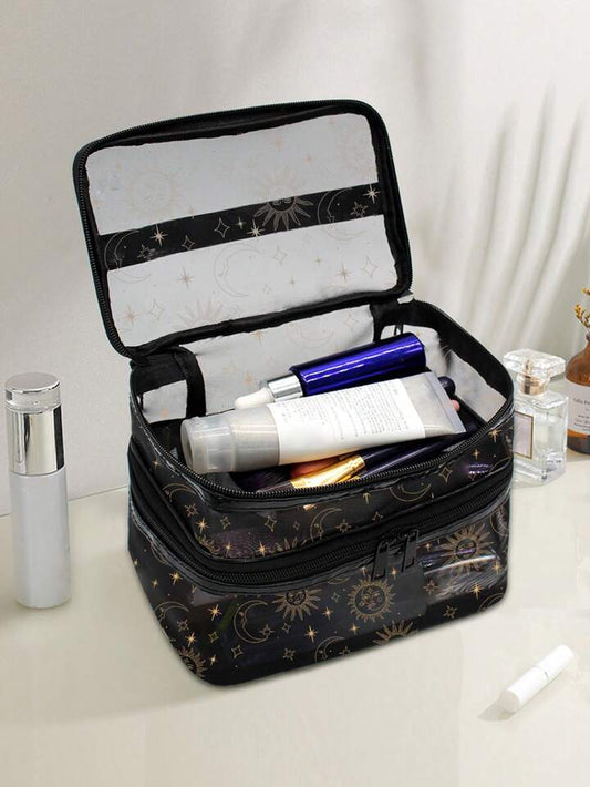 Maryam Alam Large Capacity Double Layer Sun & Moon Printed Storage Bag Cosmetic Bag