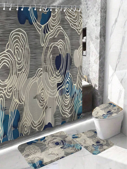 4pcs/Set Cloud Pattern Printed Shower Curtain And Bathroom Mat Set With 12 Hooks For Bathtub, Seat Cushion, Non-Slip Mat, Waterproof Window Curtain, Home Decor Bathroom Accessories