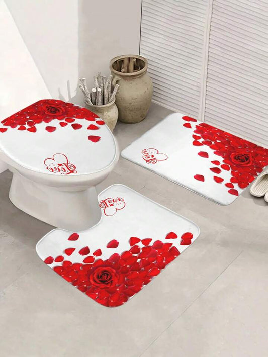 4pcs/Set Rose Pattern Printed Shower Curtain And Bathroom Mat With 12 Hooks, Non-Slip Floor Mat, Waterproof Window Curtain, Valentine'S Day Home Decor Bathroom Accessories