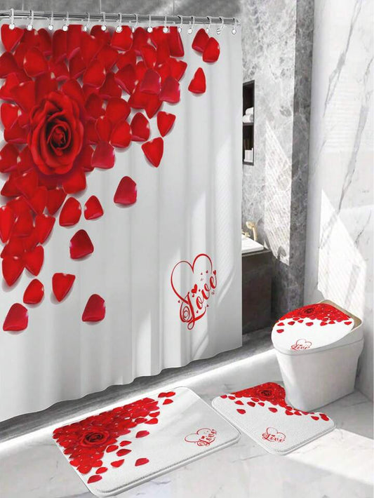 4pcs/Set Rose Pattern Printed Shower Curtain And Bathroom Mat With 12 Hooks, Non-Slip Floor Mat, Waterproof Window Curtain, Valentine'S Day Home Decor Bathroom Accessories