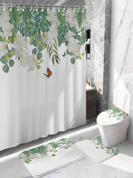 4pcs/Set Green Leaf Pattern Printed Bathroom Rug And Shower Curtain, With 12 Hooks, Anti-Slip Mat, Water Resistant Curtain, Home Bathroom Decoration Accessories