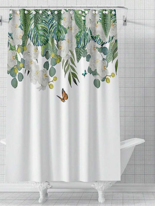 4pcs/Set Green Leaf Pattern Printed Bathroom Rug And Shower Curtain, With 12 Hooks, Anti-Slip Mat, Water Resistant Curtain, Home Bathroom Decoration Accessories