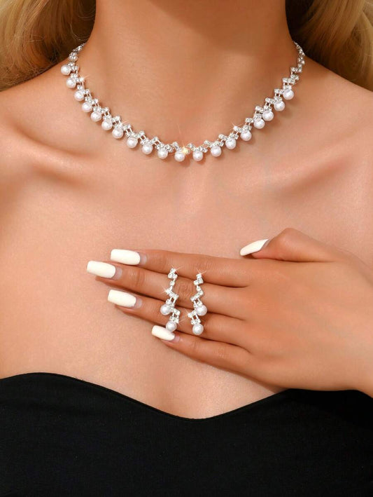 Cute dainty crystal pearl 2piece jewelry set SJP