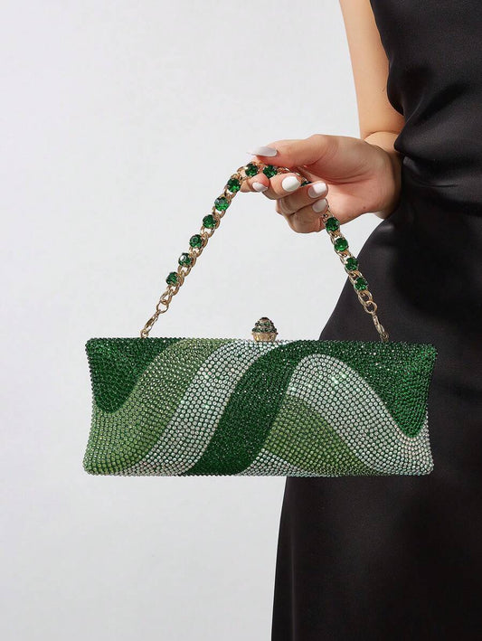 Shein Long Form Glitter Bling, Shiny Glamorous, Elegant, Exquisite Rhinestone Decor Box Bag Glamorous Clutch Handbag - Green
