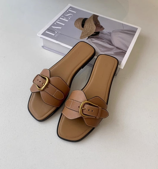 Outdoor soft sole retro horsebit buckle half slippers